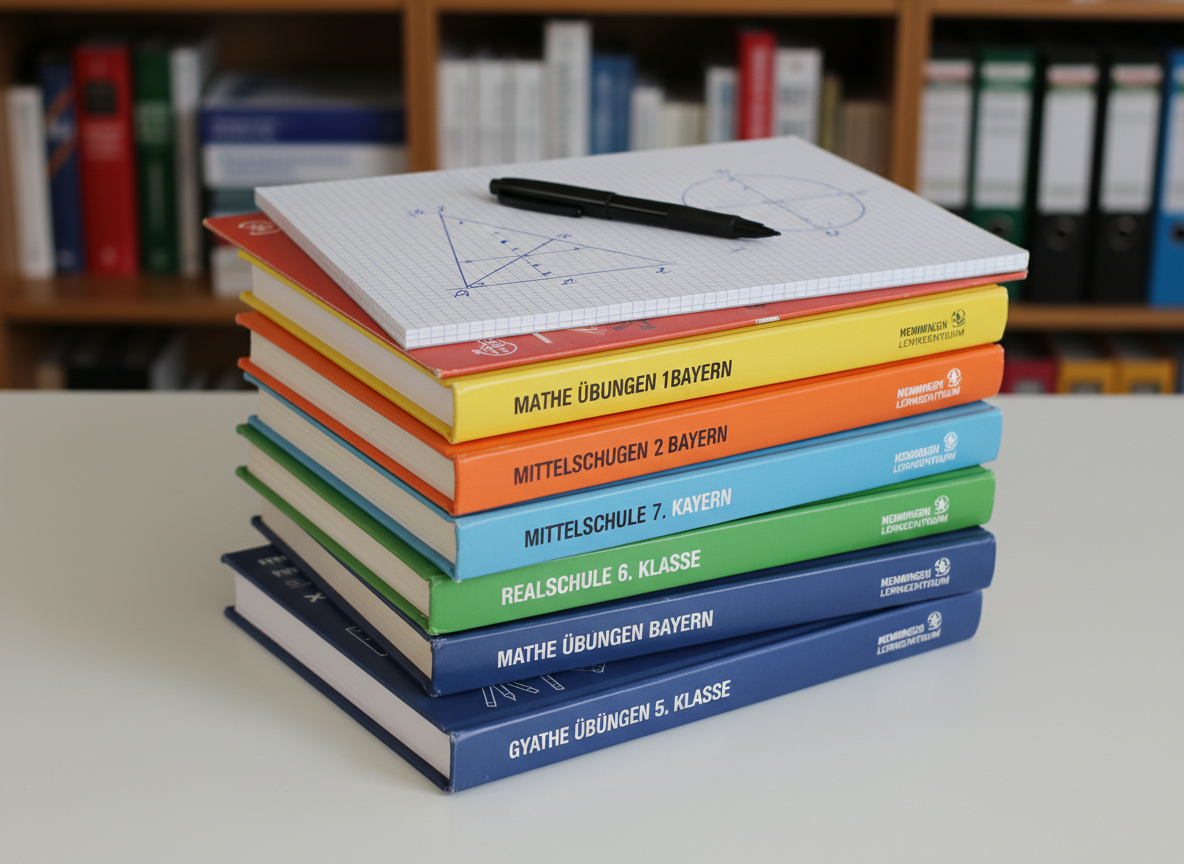 A stack of well-used German math exercise books for grades 5 to 10, each with colorful covers labeled with different school types (Gymnasium, Realschule, Mittelschule), arranged in a neat vertical pile on a matte white desk. On top lies a squared paper pad with a neatly solved geometry problem and a fine-tip pen resting diagonally. In the softly blurred background, an organized bookshelf displays more math resources. The scene is lit by warm, diffused indoor lighting that creates gentle shadows and a welcoming, studious mood. Photographic realism, shot from a slightly elevated angle using the rule of thirds, conveying the breadth of tutoring support for all school types in Memmingen and surrounding areas.