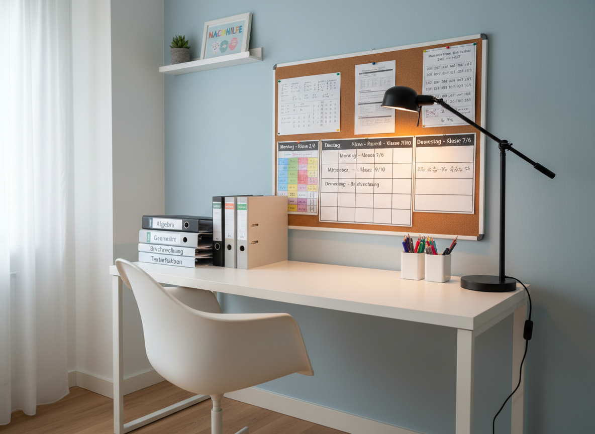 A calm, organized tutoring corner featuring a modern white desk against a muted pastel-blue wall, a large corkboard neatly pinned with printed math formulas, multiplication tables, and a simple schedule labeled with different Klassenstufen 5–10. On the desk stand a small stack of binders labeled Algebra, Geometrie, Bruchrechnung, and Textaufgaben, alongside a tidy pen holder and a minimalist desk lamp. The lamp casts warm, focused light over the workspace, while a soft ambient glow fills the room, creating a reassuring, professional mood. Photographic realism with a clean, contemporary style, captured from a wide, slightly elevated angle, showing the entire setup as an inviting environment for structured math Nachhilfe in Memmingen.
