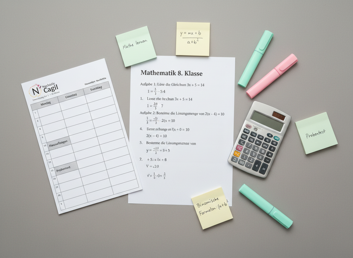 A detailed flat-lay of a test preparation setup for a math exam, with a printed German Klassenarbeit labeled "Mathematik 8. Klasse" showing tasks on linear equations, surrounded by a calculator, highlighters in pastel tones, sticky notes with concise formula summaries, and a neatly arranged weekly plan. The background is a neutral, matte gray surface that enhances the clarity of each item. Overhead softbox-style lighting produces even, shadow-free illumination, contributing to a calm, controlled, professional atmosphere. Photographic realism, with sharp focus across the entire image, illustrating systematic and methodical preparation provided by Nachhilfe Cagil for students in grades 5 to 10.