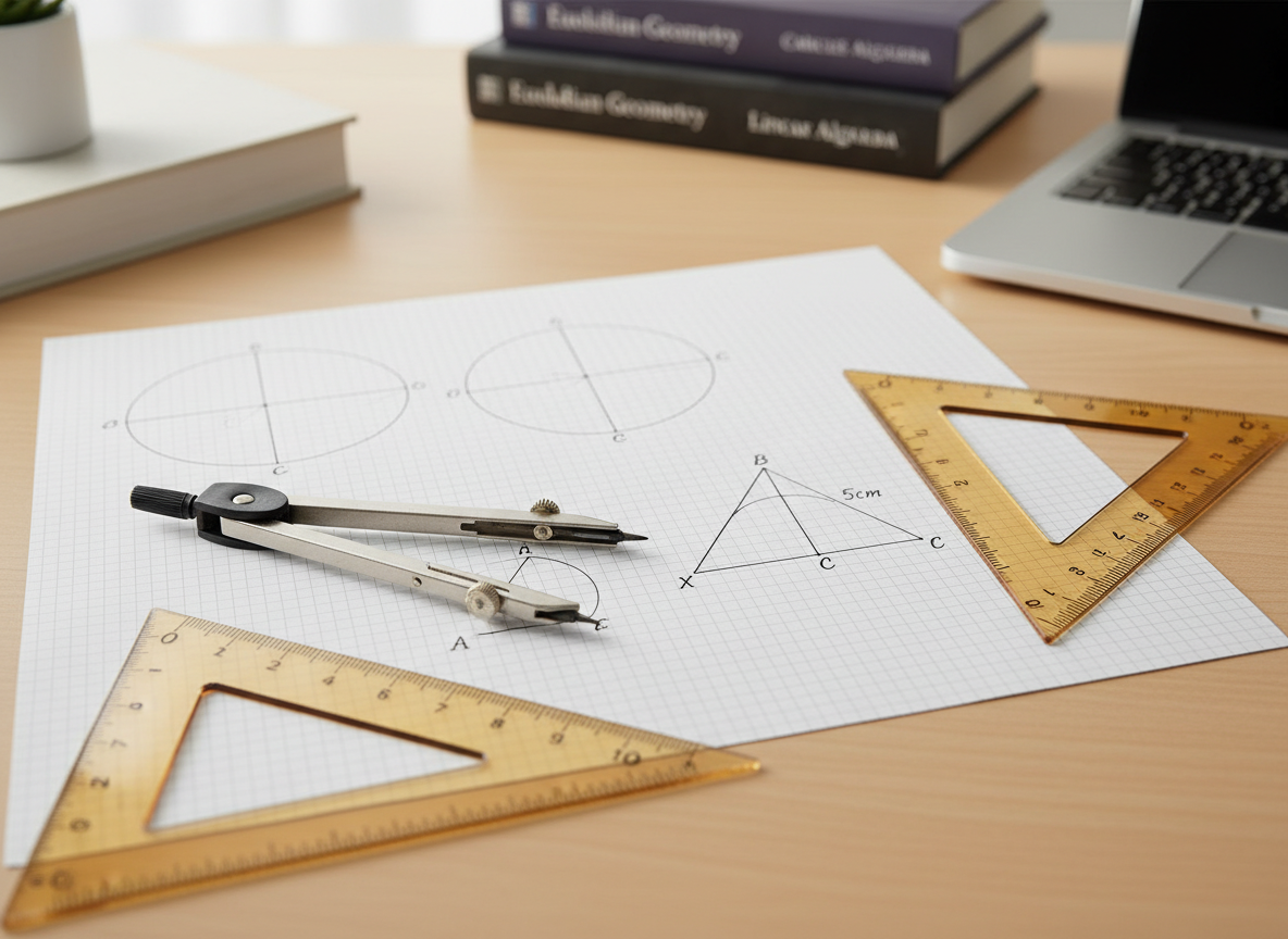 A close-up of a geometry workspace showing a precise metal compass, a transparent 30/60/90 triangle, and a clear ruler arranged carefully on squared paper. On the paper, cleanly drawn circles, angles, and triangles are marked with labeled points and measurements, demonstrating a step-by-step construction. The desk surface is a smooth, light beech wood, with a subtle background of out-of-focus math textbooks and a closed laptop, hinting at blended offline and online learning. Soft, natural daylight from a nearby window illuminates the tools, creating subtle reflections on the transparent plastic and metal surfaces. Photographic realism, with shallow depth of field emphasizing the instruments and diagrams, conveying accuracy, structure, and professional mathematics tutoring.